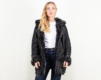 Penny Lane Coat vintage 80's shearling coat suede leather black grey sheepskin coat winter outerwear coat women vintage clothing size medium