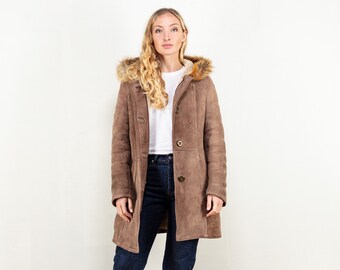 Hooded Sheepskin Coat 70s brown shearling coat women suede coat 70's thick suede sheepskin coat winter vintage outwear coat size small S
