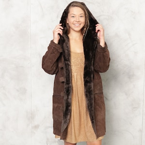 Vintage 90s Suede Coat, Size Large L, Brown Faux Fur Coat, Hooded Leather Coat, Winter Outwear, Penny Lane Coat, Afghan Coat, Women Clothing image 1