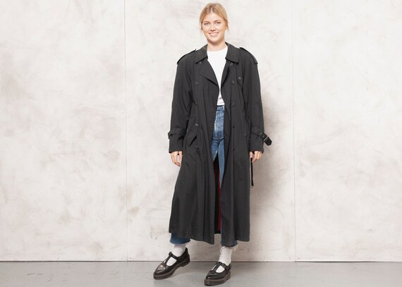 Black Trench Coat 80s Vintage Women Duster Coat Bl