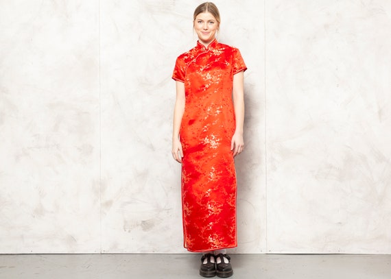 Oriental Chinese Dress Vintage 90s Women Maxi Dres