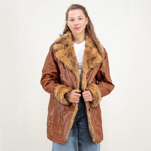 Faux Fur Leather Coat women vintage 80s longline leather coat casual coat women vintage clothing retro minimalist coat size large