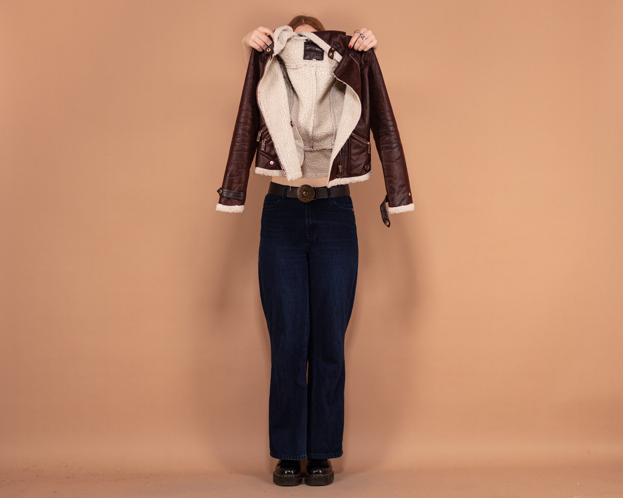 00s Vintage Brown Y2K Faux Leather Sherpa Jacket, Moto Style, Size