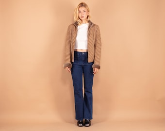 Vintage Striped Sheepskin Jacket Women Brown Shearling Suede Fitted Short Coat 70s