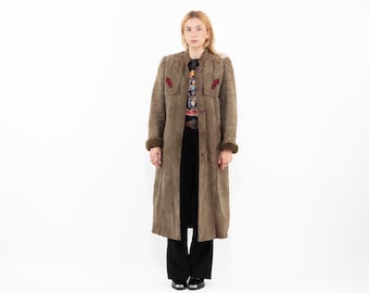 80s Khaki Green Shearling Sheepskin Long Coat Size S