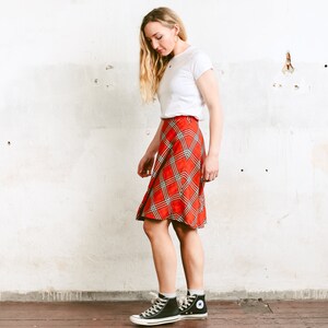 80s Vintage Skater Skirt . Checked High Waist Skirt Casual A-Line Skirt Summer Skirt Plaid Orange Skirt Flared Knee Length Skirt. size Small image 2