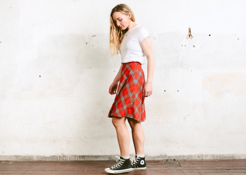 80s Vintage Skater Skirt . Checked High Waist Skirt Casual A-Line Skirt Summer Skirt Plaid Orange Skirt Flared Knee Length Skirt. size Small image 2