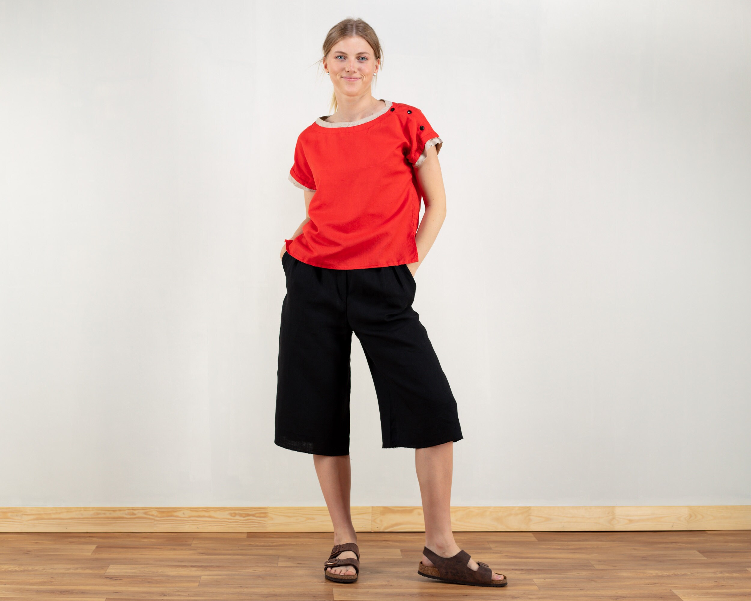 Red Women Shirt Casual Vintage 70s 