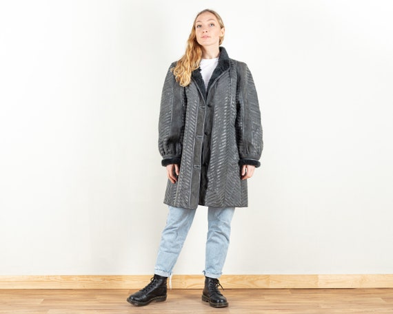 Striped Sheepskin Coat vintage 80s grey suede she… - image 1