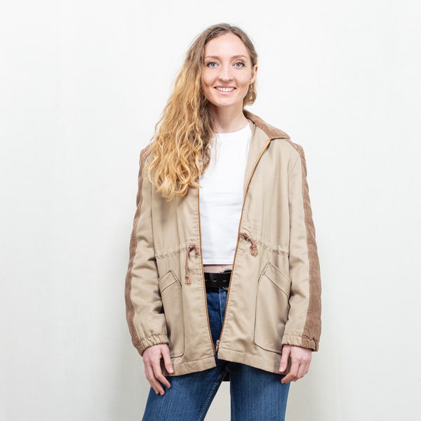 Veste beige printemps vintage des années 70 pour femme beige, détails en velours côtelé, veste légère survêtement rétro des années 70, veste légère taille moyenne