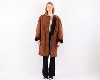80s Vintage Brown Sheepskin Coat, Shearling Outerwear, Oversized XL