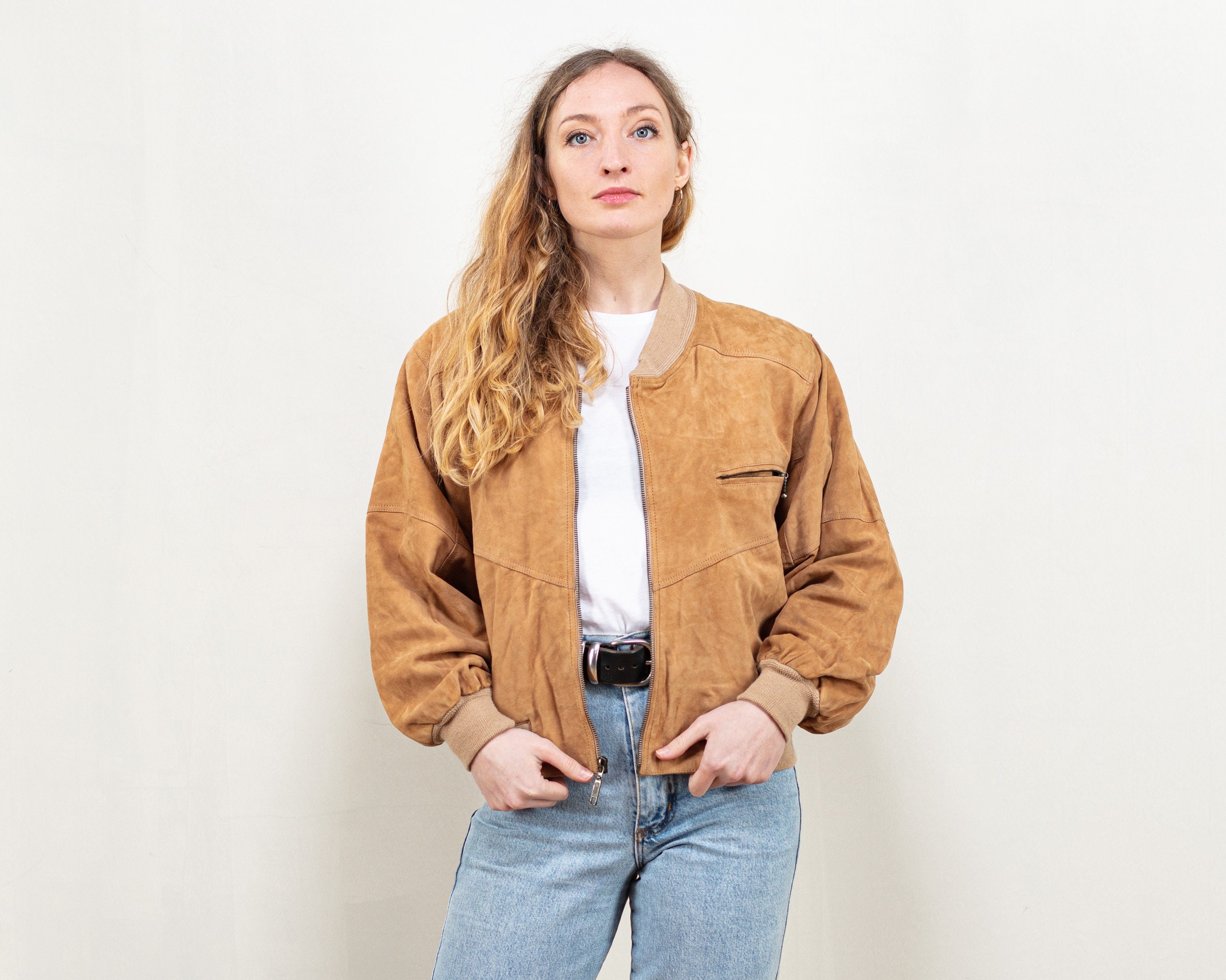 universiteitsstudent huren marmeren Women Suede Bomber Vintage 80s Beige Suede Jacket Soft - Etsy
