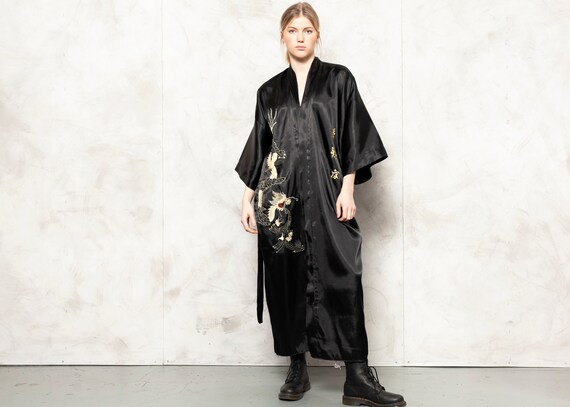 Chinese Morning Robe Vintage 90s Black Kimono Robe