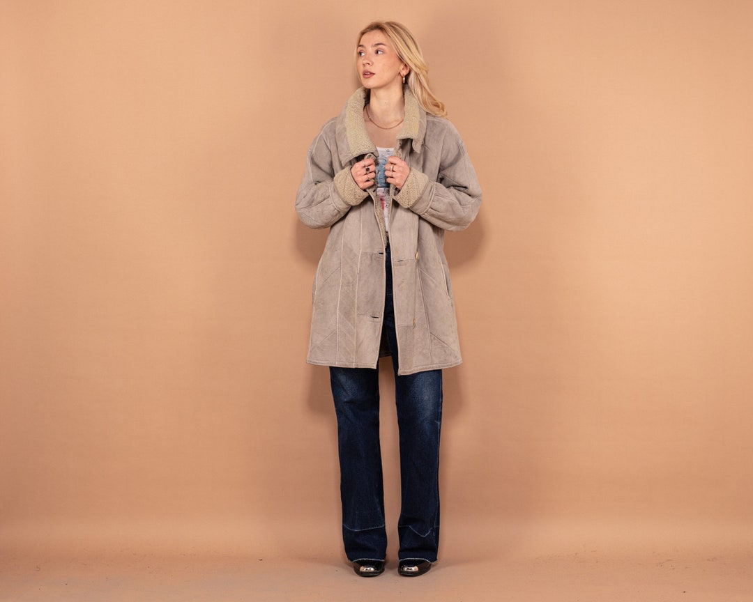 Gray Sheepskin Coat 80s, Size L Shearling Leather Coat, Gray Sheepskin
