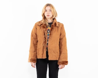 Vintage 70s Tan Faux Shearling Jacket Women’s L Brown Faux Sheepskin Coat  Boho Winter Jacket