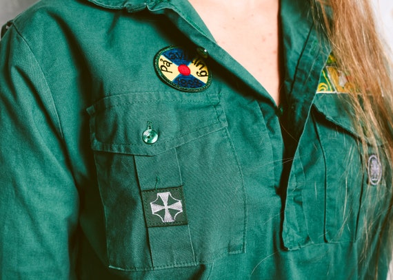 Vintage Boy Scout Uniform Shirt Halloween Costume 90s Utilitarian 1990s Grunge Top Cub Patches Blue Youth Large Womens Small Medium
