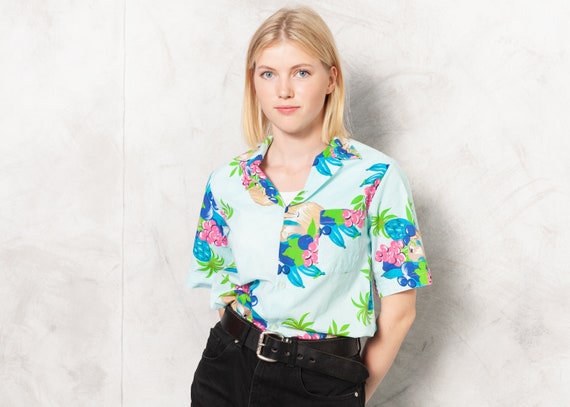 Vintage 80s Blue Patterned Shirt . 90s Cotton Shir
