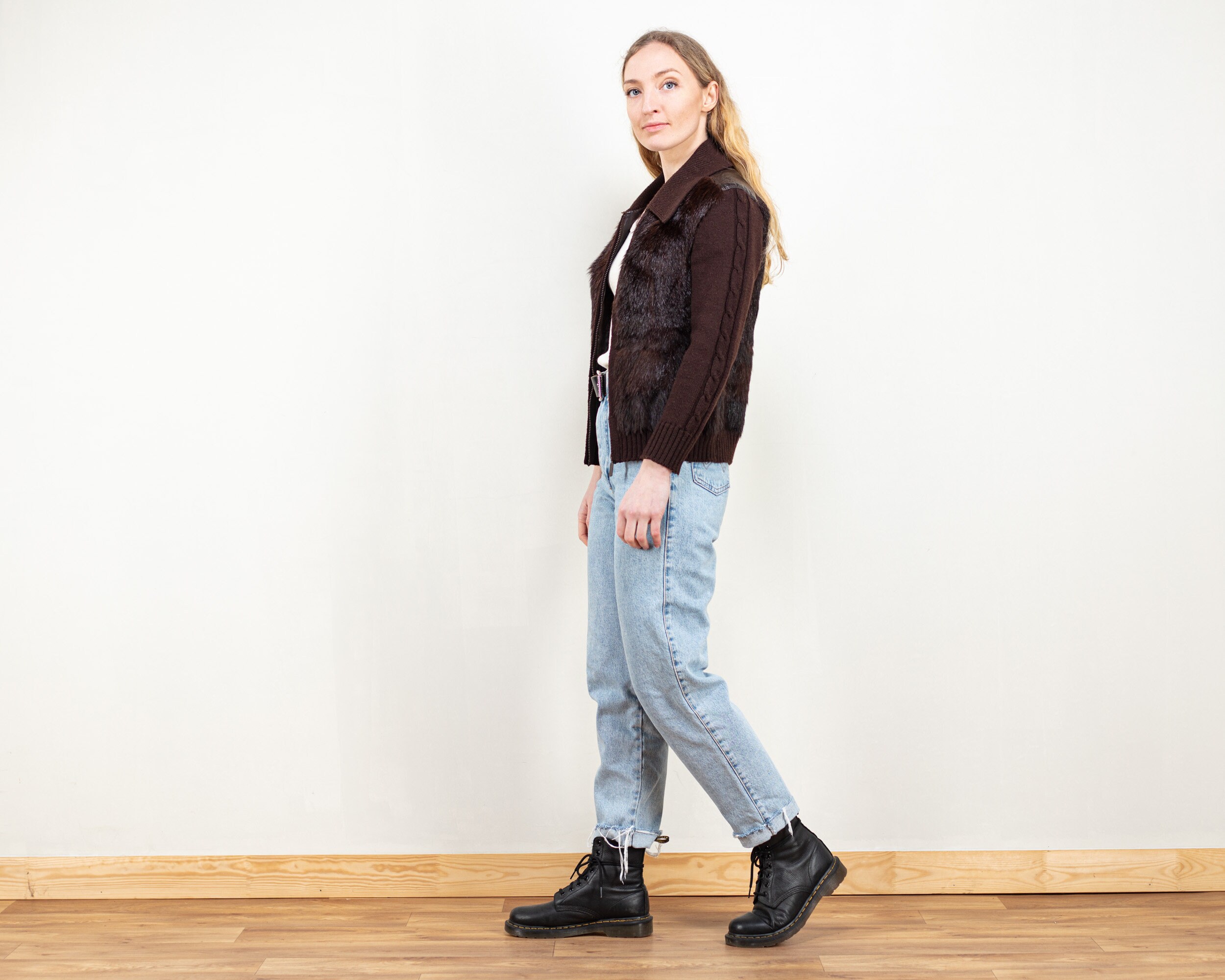 Fur and Knit Jacket Vintage 70s Brown Fancy Zip up Fur Body