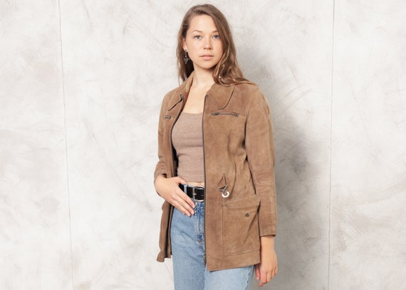 Vintage Brown Suede Jacket 70s Women Suede Zip Up