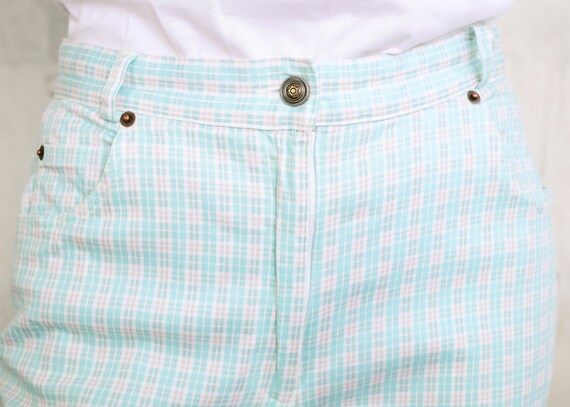 90s Pastel Blue Cotton Pants . Check Print Plaid … - image 3