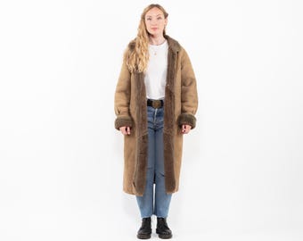 1980s Beige Long Sheepskin Coat, Rugged Western Overcoat, Size L