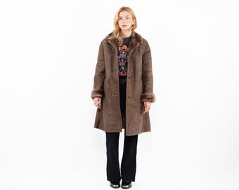 70s Brown Sheepskin Coat, Penny Lane Boho Coat Size M