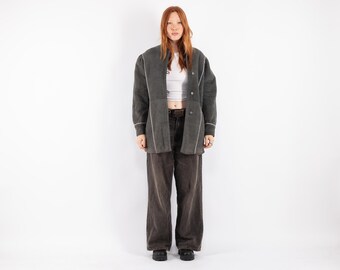80s Gray Sheepskin Shearling Coat, Vintage Western Barn Overcoat, Size L