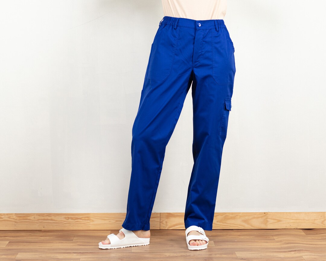 Women Work Pants Vintage 90s Workwear Blue Cargo Chino Pants Straight