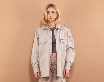 90s Vintage Beige Cotton Long Sleeve Shirt, Oversized XL