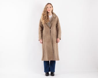 80s Vintage Beige Sheepskin Coat, Retro Boho Overcoat, Size S