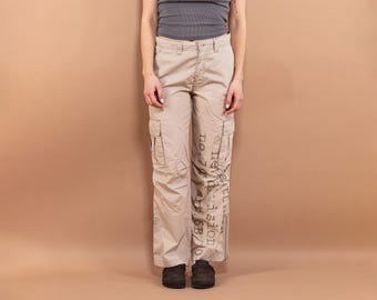 Y2K Beige Cotton Cargo Pants, Retro Streetwear, Size S