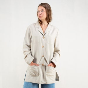 90s Women Blazer vintage grey linen blend jacket beige minimalistic artist long jacket longline suit jacket vintage clothing size medium image 2