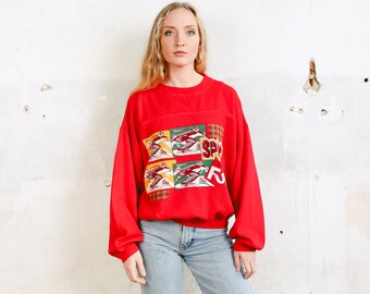 Vintage Graphic Print Red Sweatshirt . Baggy 80s Sweater Retro Sports Sweatshirt Streetwear Oversized Pullover . size Large