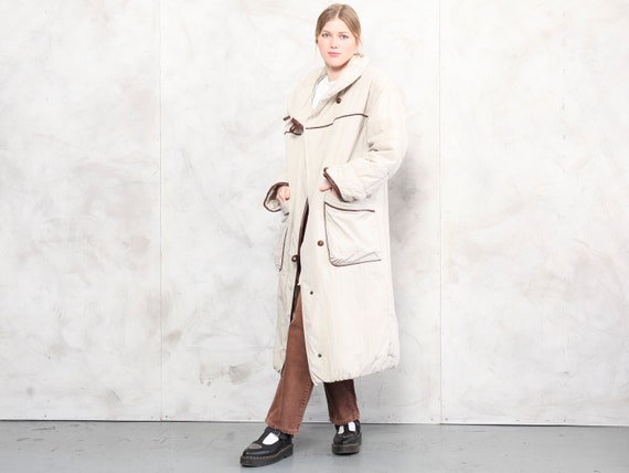 90s Trench Coat Vintage Insulated Long Trench Coat Beige Maxi Cotton Mac Coat Women Puffer Coat Spring Clothing Size XL Extra Large