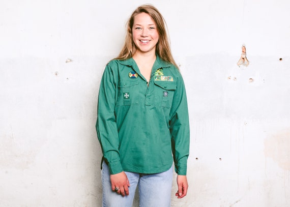 90s Scout Uniform Shirt with Patches . Long Sleeve