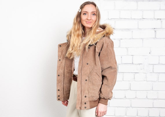 80s Suede Bomber Jacket . Vintage Fur Trim Hooded