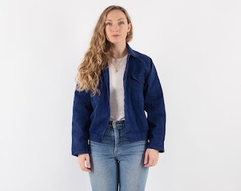 70s Vintage Blue Cotton Chore Jacket, Cropped Workwear, Size S
