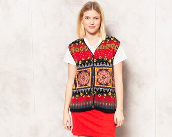 Knitted Aztec Vest Vintage 80s Sleeveless Sweater V-Neck Knit Shirt Patterned Retro Wool Winter Vest Preppy Women Clothing size Medium