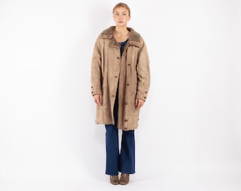70s Vintage Beige Schaffell Wildleder Mantel, Western Barn Coat, Größe XL