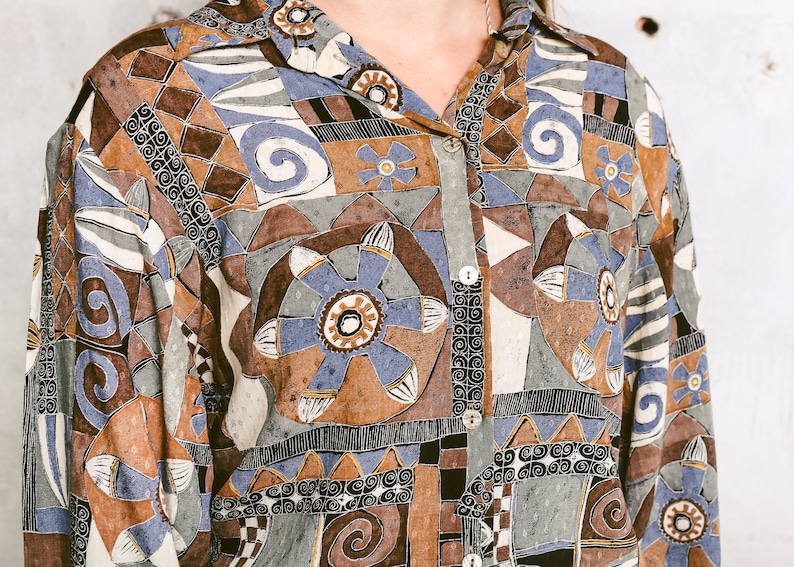 90er Geometrisches Muster Shirt Damen Azteken Druck Button Etsy