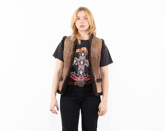 Vintage Brown Sheepskin Vest Women’s XS S Real Shearling Waistcoat 70s Boho Suede Leather Gilet