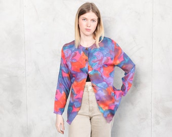 Chemisier bohème vintage des années 80 pour femmes artiste chemisier audacieux imprimé abstrait chemise florale mod tie-dye haut à manches longues été vêtements vintage taille petite