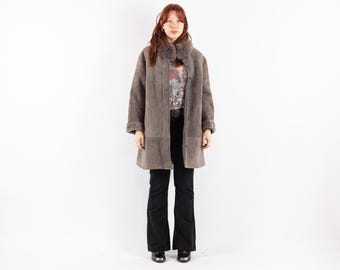 70s Vintage Gray Sheepskin Shearling Coat, Overcoat, Size XL