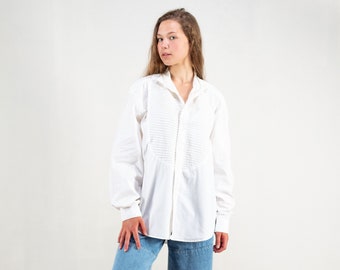Oversized Cotton Shirt women vintage 90s oversized white suit shirt ruffle front shirt everyday shirt women retro clothing size large