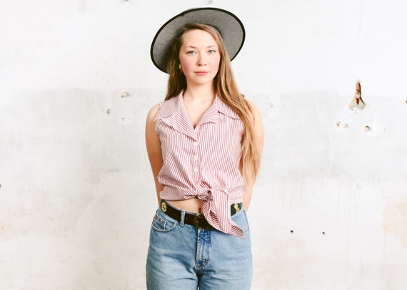 Women s Tie Front Top Y2K Sleeveless Western Shirt Knot Hem Shirt