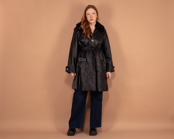 Fur Lined Leather Coat 90's, Size XL, Vintage Bel… - image 1
