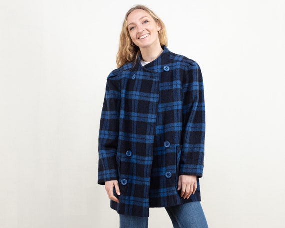 Plaid Wool Coat Blue Short Coat Check 