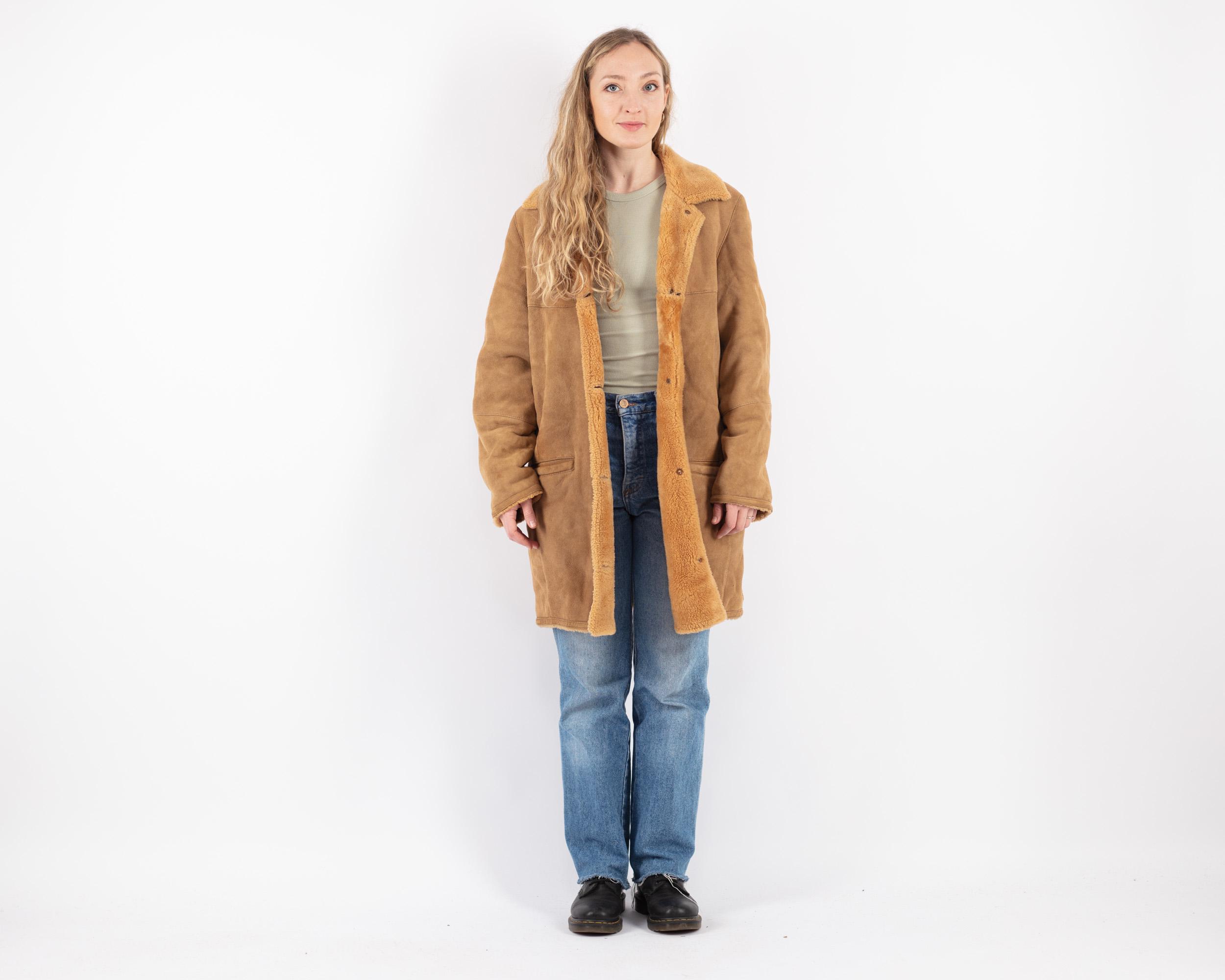 Manteau Femme Vintage Peau De Mouton Faux Afghan - Taille 8, Marron, Nettoyé à Sec