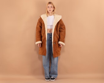 90s Vintage Brown Hooded Sheepskin Coat, Shearling Overcoat, Size XL