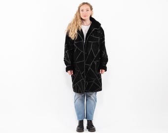 90s Hooded Black Sheepskin Coat, Shearling Long Coat Size XL